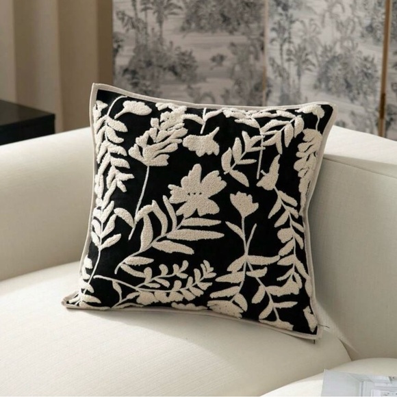 Black and White Textured Floral Throw Pillow Cover - Picture 1 of 7